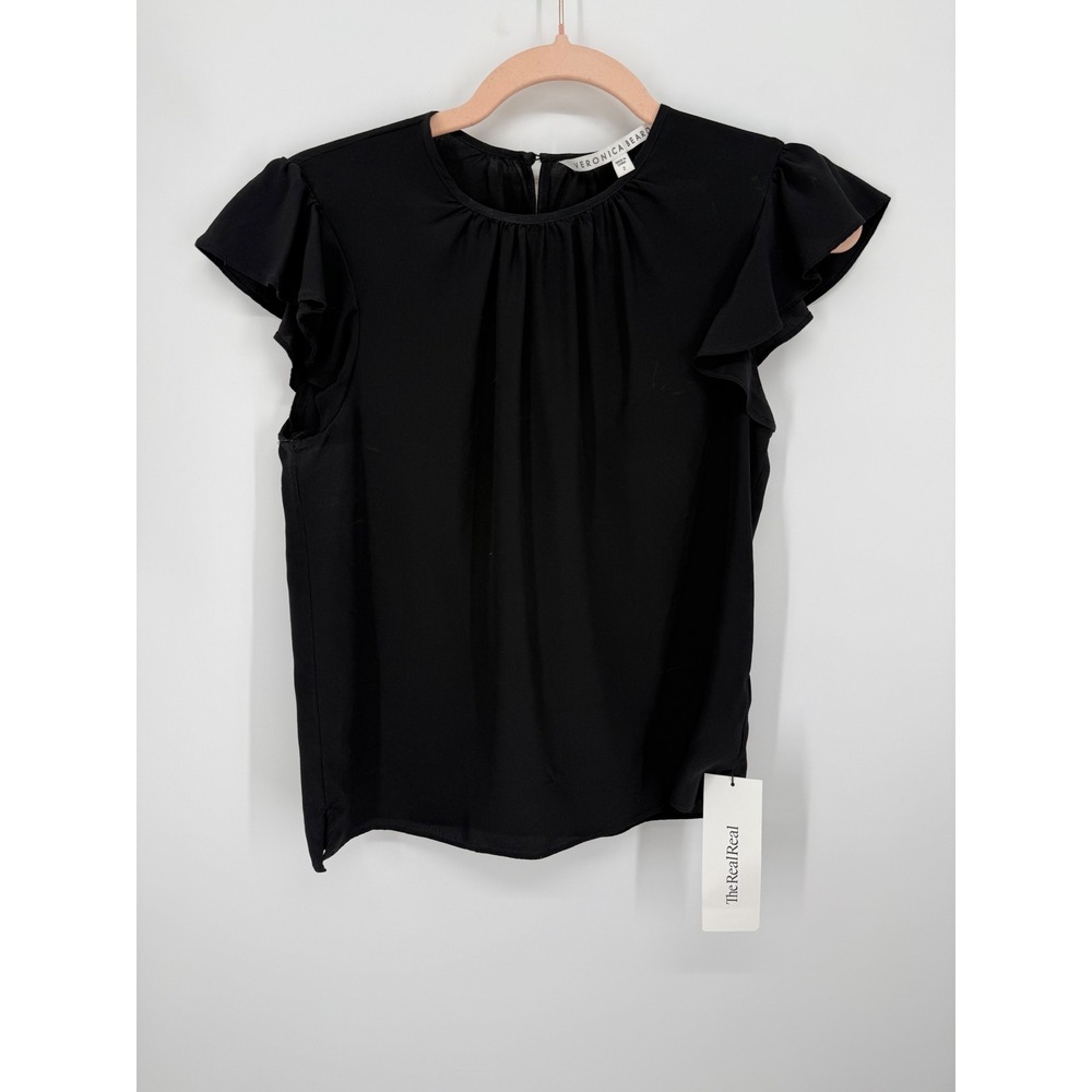 Veronica Beard Blouse Women 2 Black Silk Flutter Sleeve Pleated Round Neck Top